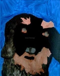 A vibrant abstract painting of Albert, a black and brown dog, set against a striking bright blue background. The bold brushstrokes capture the essence of the dog with expressive eyes and minimal yet impactful details.