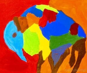 “Rusty Byson” – A Vibrant Orange and Red Buffalo Painting by Autistic Artist Drew A colorful, abstract buffalo painting titled "Rusty Byson," featuring bold orange, red, and warm earthy tones that bring energy and movement to the majestic creature.
