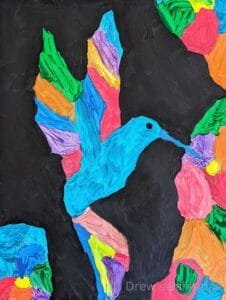 “Flutter” – A Vibrant Green and Blue Hummingbird Painting by Autistic Artist Drew A colorful, abstract hummingbird painting titled "Flutter," featuring bold shades of green, blue, and hints of iridescent tones, capturing the energy and grace of this delicate bird in motion.