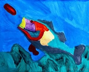 “Grandpa’s Bass” – A Vibrant and Sentimental Bass Fishing Painting by Autistic Artist Drew A colorful, abstract bass fish painting titled "Grandpa’s Bass," created by Drew in honor of his grandfather, a professional bass fisherman. The artwork features bold, vibrant hues that celebrate a love for fishing and family memories.