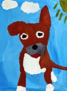 “Harley” – A Brown American Bully Dog Painting by Autistic Artist Drew A detailed American Bully dog painting titled "Harley," created by autistic artist Drew Whitaker. Featuring Harley’s natural brown coat, floppy ear, and a bright blue background, this artwork captures the loving and loyal spirit of this beloved pet.