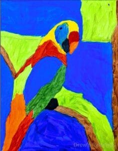 “Skyler Macaw” – A Vibrant Blue Parrot Painting by Autistic Artist Drew A colorful, abstract parrot painting titled "Skyler Macaw," featuring bold shades of bright blue, turquoise, and hints of green, capturing the energy and personality of a macaw in vivid color.