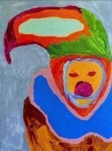 An imaginative abstract painting blending elements of a bear and a clown. The expressive face features bold colors, playful brushstrokes, and a whimsical mix of animal and theatrical characteristics.