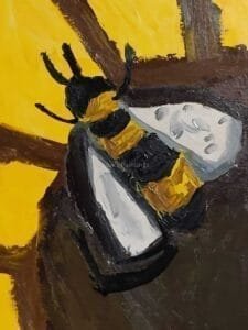 A vibrant abstract painting of a honey bee, featuring bold brushstrokes and bright golden tones. The expressive details bring Buzzy McBee to life, capturing the energy and charm of this busy little pollinator.