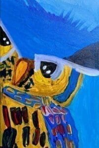 A whimsical abstract painting of a bright blue owl with expressive eyes and bold brushstrokes. The vibrant colors and unique details bring out the owl’s personality in a fun and imaginative way.
