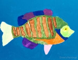 “Bubbles McGill” – A Colorful Bluegill Fish Painting by Autistic Artist Drew A vibrant, abstract bluegill fish painting titled "Bubbles McGill," created by autistic artist Drew Whitaker. Featuring bold shades of blue, orange, yellow, and green, this artwork captures the playful and lively nature of the fish.