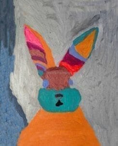 A bright and colorful abstract painting of a bunny, featuring bold brushstrokes and expressive details. The playful mix of colors brings energy and charm to the artwork, making the bunny’s personality shine.