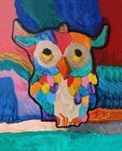 A colorful and whimsical abstract painting of an owl with bold brushstrokes and expressive details. Bright hues blend together, giving Luna Owle a magical and lively presence.