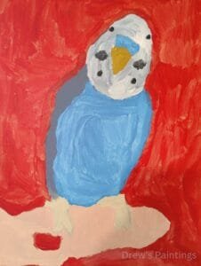 “Dallas” – A Vibrant Parakeet Painting by Autistic Artist Drew A colorful parakeet painting titled "Dallas," created by autistic artist Drew Whitaker in honor of his pet bird. Featuring bright shades of blue and red, this artwork captures the playful and lively spirit of a beloved pet parakeet.