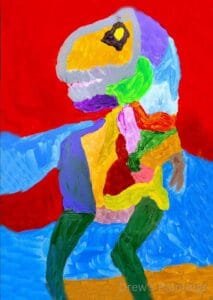 “SheRex” – A Bold and Fierce Dinosaur Painting by Autistic Artist Drew A striking dinosaur painting titled "SheRex," created by autistic artist Drew Whitaker. Featuring a fierce and colorful T. rex with powerful details against a bold red background, this artwork captures strength, energy, and prehistoric majesty.