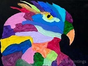 “Darkflight” – A Bold and Fierce Eagle Painting by Autistic Artist Drew A striking eagle painting titled "Darkflight," created by autistic artist Drew Whitaker. Featuring a colorful, vibrant eagle soaring against a deep black background, this artwork captures strength, power, and mystery.