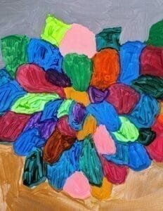 A vibrant abstract painting of a flower with bold colors and expressive brushstrokes. The petals radiate energy, blending warm and cool tones to create a lively and joyful composition.