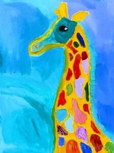 “Ginny Longneck” – A Vibrant Abstract Giraffe Painting by Autistic Artist Drew A colorful abstract giraffe painting titled "Ginny Longneck," created by autistic artist Drew Whitaker. Featuring a stained-glass-style giraffe with bright hues against a turquoise background, this artwork captures elegance, whimsy, and bold creativity.