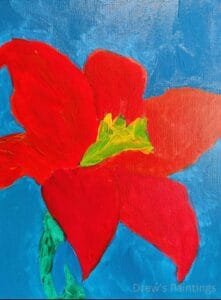 “Ember Bloom” – A Striking Red Lily Painting by Autistic Artist Drew A bold red lily painting titled "Ember Bloom," created by autistic artist Drew Whitaker. Featuring fiery red petals against a deep blue background, this artwork highlights the vibrant contrast and delicate beauty of the lily.