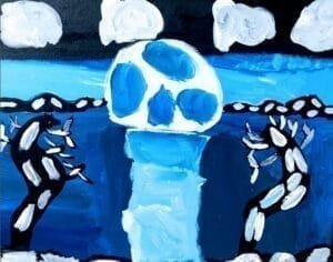 composition hints at moonlight shimmering over waves, with deep blues and bright highlights creating a dreamy, mysterious effect.