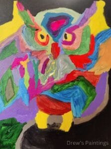 “Nocturo” – A Vibrant Abstract Owl Painting by Autistic Artist Drew A colorful abstract owl painting titled "Nocturo," created by autistic artist Drew Whitaker. Featuring bold shades of blue, purple, orange, and yellow, this artwork captures the wisdom and mystery of the nocturnal bird in a unique, artistic style.