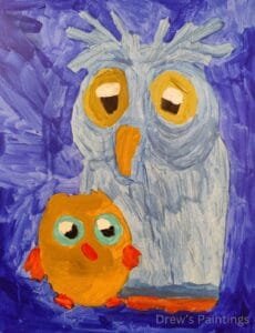“The Hootingtons” – A Charming Owl Family Painting by Autistic Artist Drew A whimsical owl family painting titled "The Hootingtons," created by autistic artist Drew Whitaker. Featuring a parent owl and baby owl with rich, vibrant colors, this artwork captures the warmth and charm of a loving owl family.