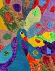 “Sir Fancypants” – A Vibrant Peacock Painting by Autistic Artist Drew A bold, abstract peacock painting titled "Sir Fancypants," created by autistic artist Drew Whitaker. Featuring dazzling shades of blue, green, and gold, this artwork captures the elegance and flamboyance of the majestic peacock.