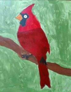 Robyn Byrd – A Vibrant Red and Green Robin Painting by Autistic Artist Drew A vibrant, abstract robin painting titled "Robyn Byrd," featuring rich shades of red, orange, and earthy tones, capturing the charm and lively spirit of this beloved bird.