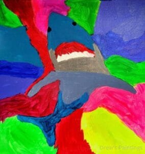 “Jawsome” – A Bold and Powerful Shark Painting by Autistic Artist Drew A striking shark painting titled "Jawsome," created by autistic artist Drew Whitaker. Featuring a powerful shark with bold, dynamic colors, this artwork captures the energy and strength of the ocean’s apex predator.