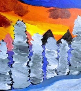 “Snowbound” – A Serene Winter Landscape Painting with Snow-Covered Trees by Autistic Artist Drew A peaceful winter landscape painting titled "Snowbound," featuring snow-covered trees and a tranquil, frosty atmosphere, capturing the quiet beauty of a winter’s day.